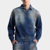 Denim Effect Knit Long Sleeves Polo