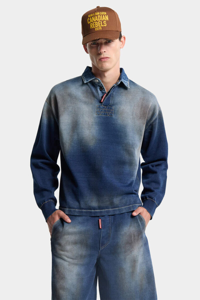 Denim Effect Knit Long Sleeves Polo
