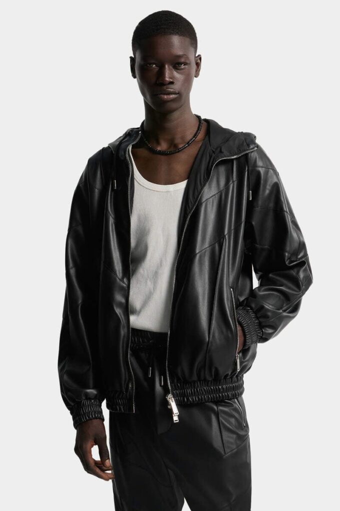 Faux Leather Zipped Hoodie