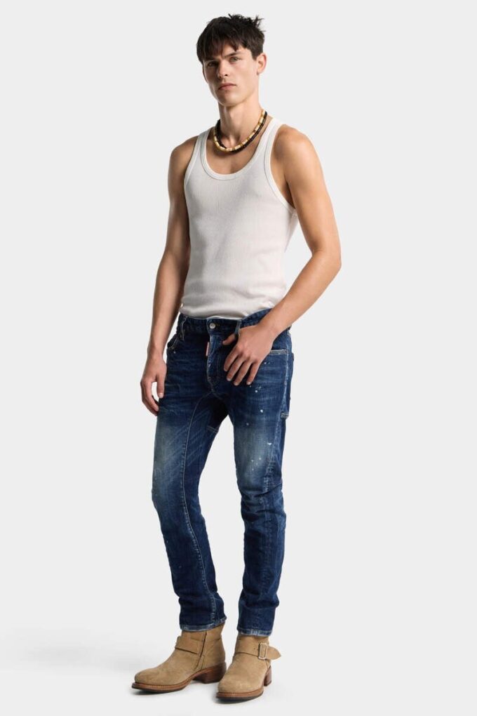 Medium Red Spot Wash Biker Jeans