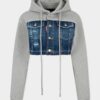 Medium Ripped Wash Denim Mix Cropped Hybrid Hoodie