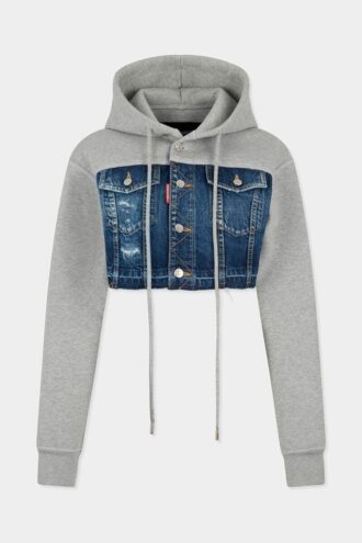 Medium Ripped Wash Denim Mix Cropped Hybrid Hoodie