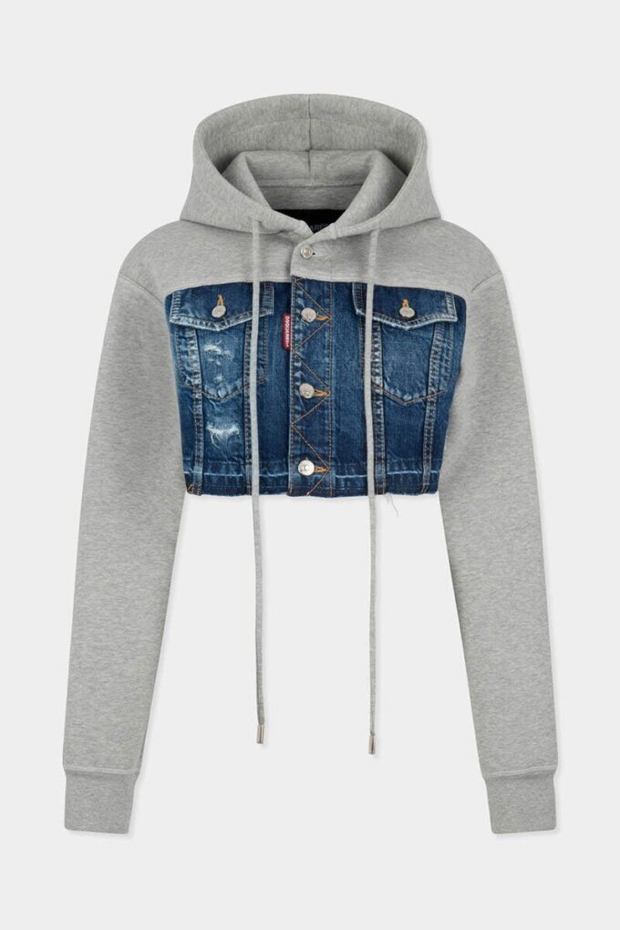 Medium Ripped Wash Denim Mix Cropped Hybrid Hoodie