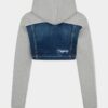 Medium Ripped Wash Denim Mix Cropped Hybrid Hoodie