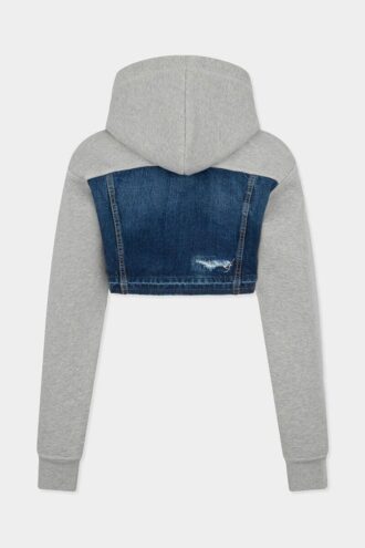 Medium Ripped Wash Denim Mix Cropped Hybrid Hoodie