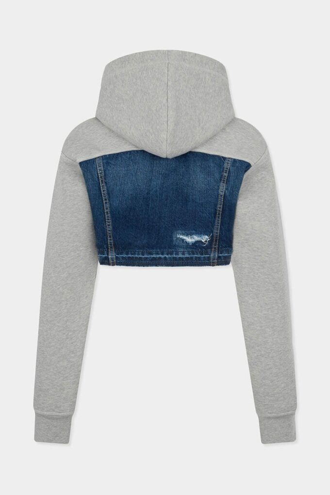 Medium Ripped Wash Denim Mix Cropped Hybrid Hoodie