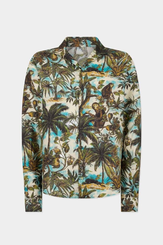 Monkey Print Notch Collar Shirt