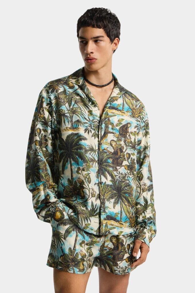 Monkey Print Notch Collar Shirt