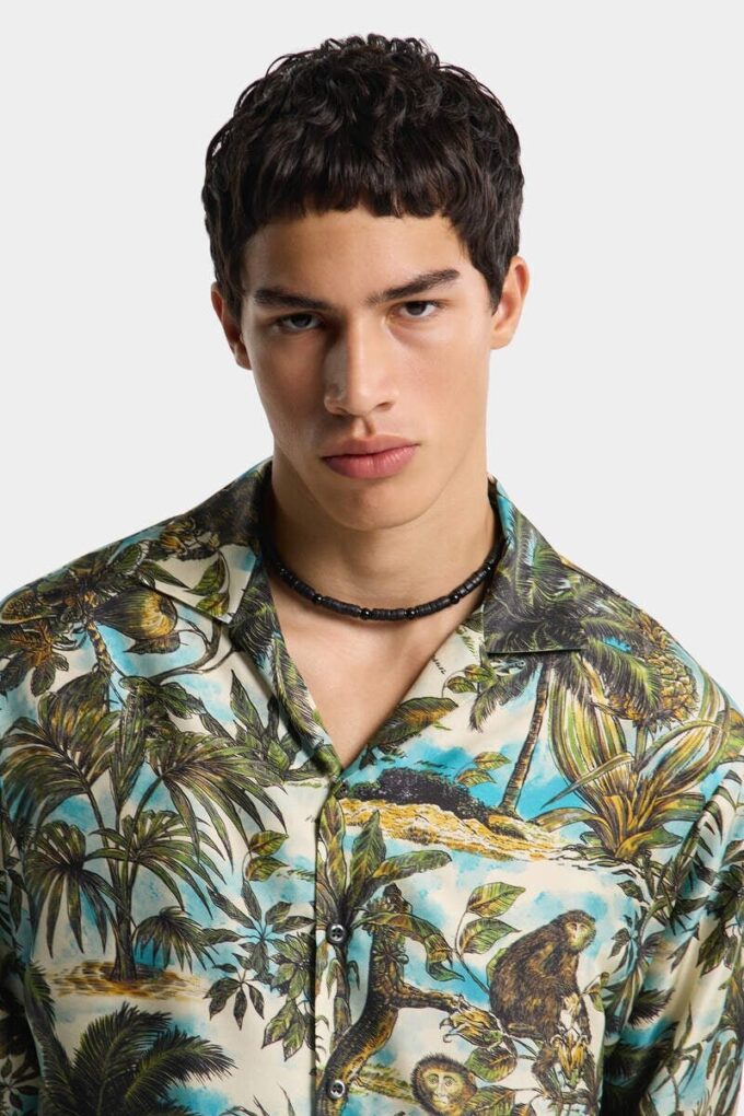 Monkey Print Notch Collar Shirt