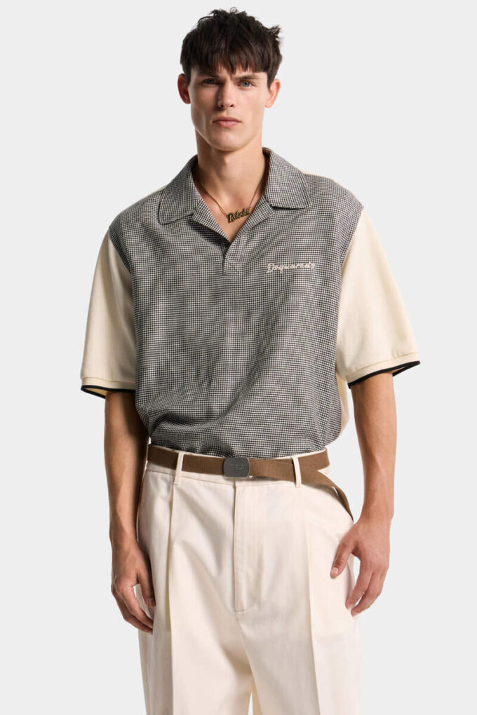 Virgin Wool Linen Pied De Poule Polo