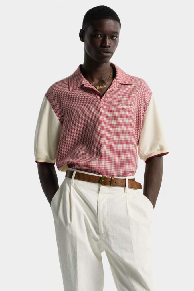 Virgin Wool Linen Pied De Poule Polo